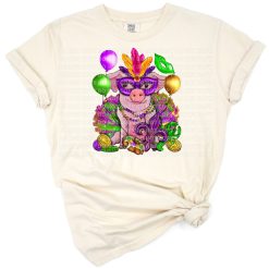 A cute pig wearing Mardi Gras beads in bright purple, green, and gold colors.