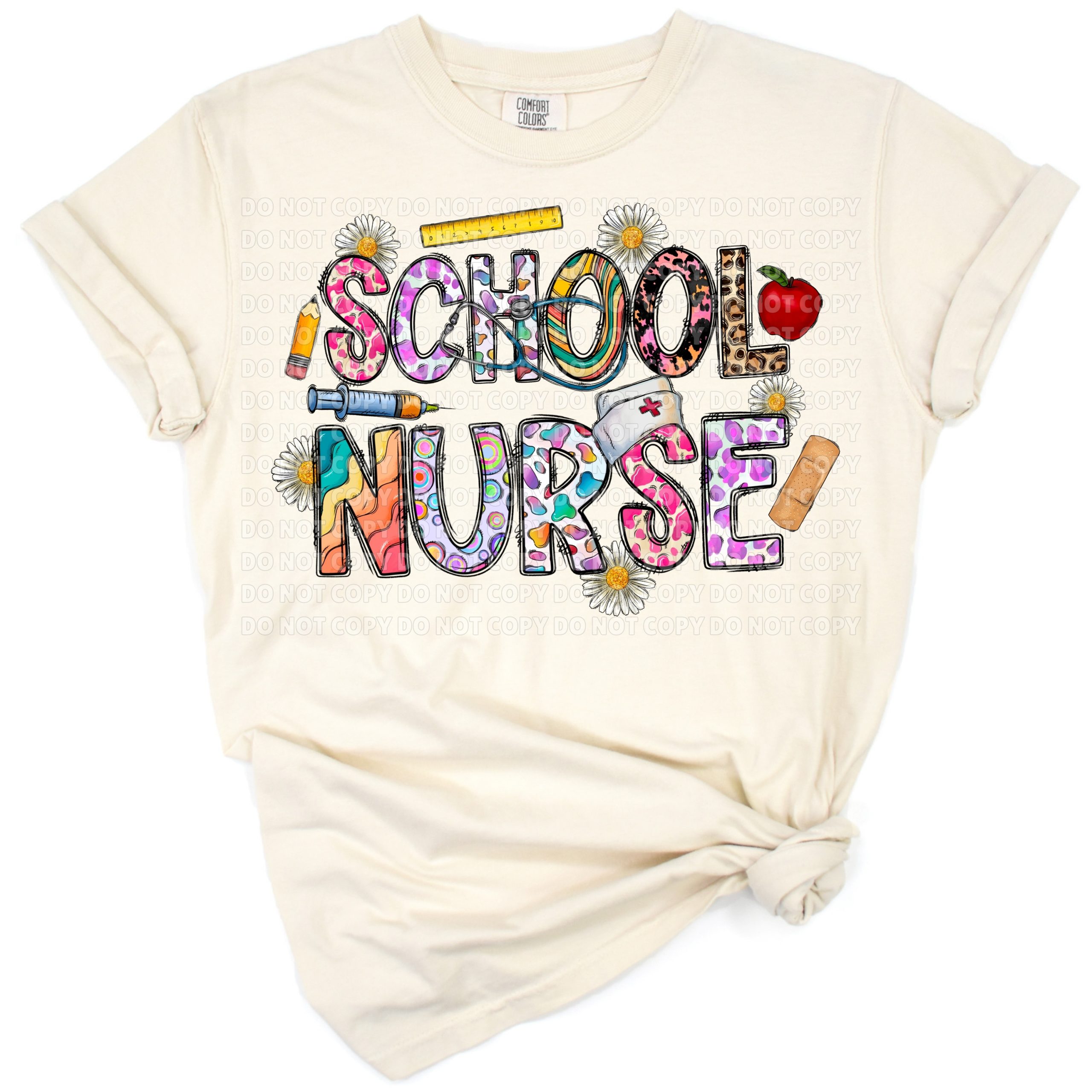 A cheerful floral and medical themed illustration featuring school nurse elements with blooming flowers.