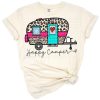 A cheerful camping scene with a retro camper and leopard print details.