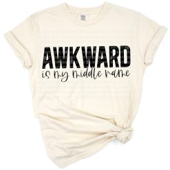 A retro grunge style design with the phrase Awkward Is My Middle Name in playful fonts.
