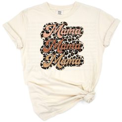A boho-style mama graphic with stacked vintage lettering and leopard print accents.