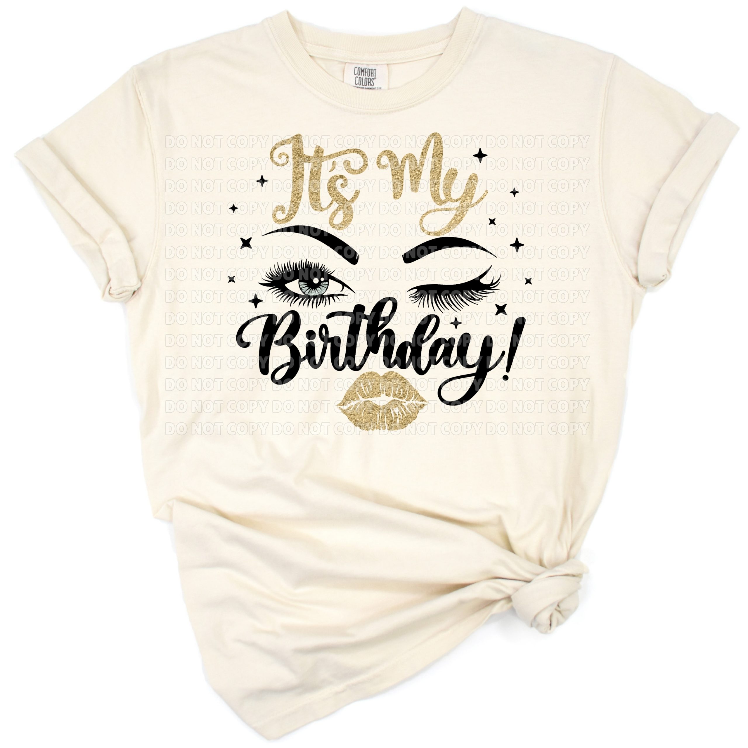 Illustration of bold lips, elegant eyes with lashes, and eyebrows in a birthday theme.