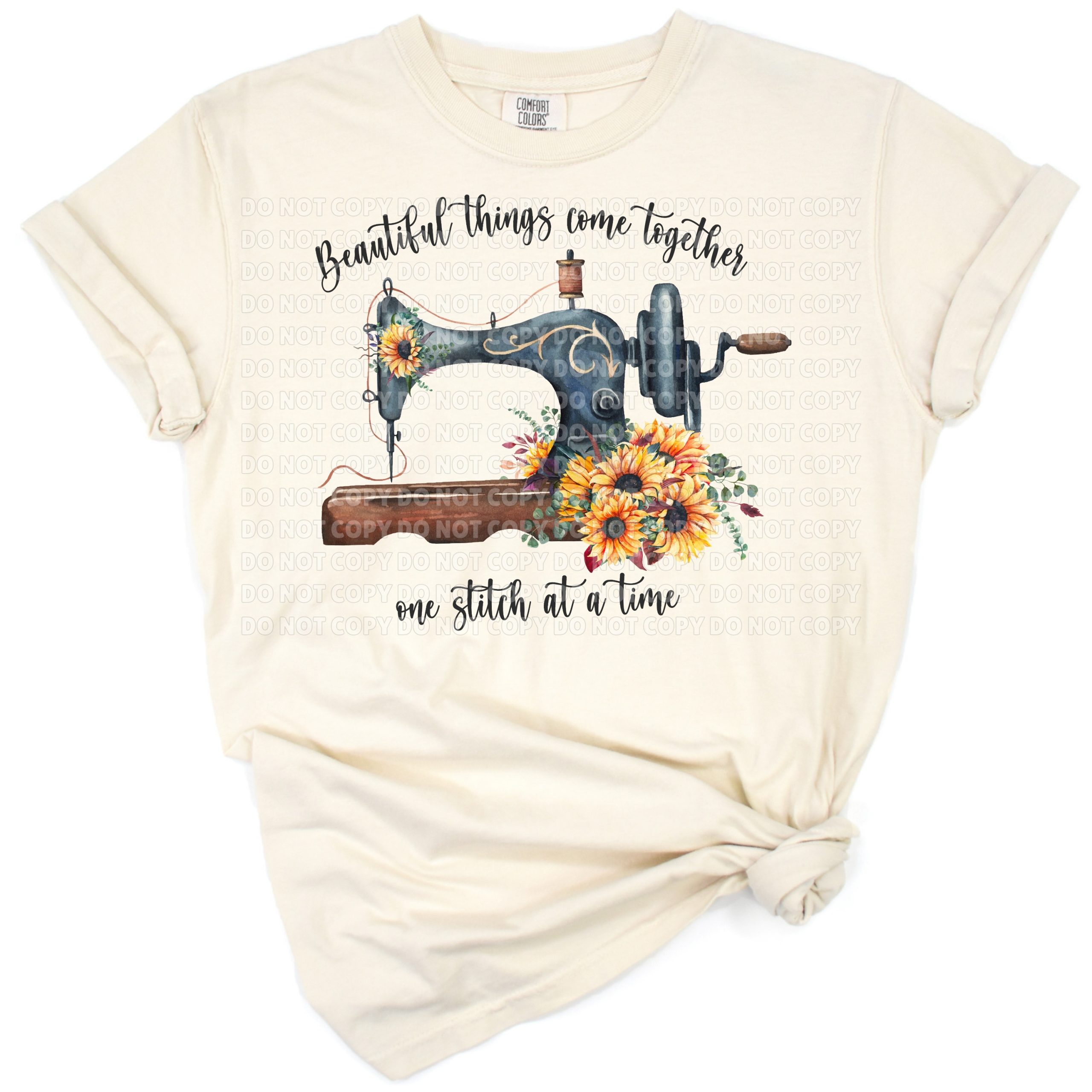 A watercolor sewing machine surrounded by soft, vibrant floral blooms and greenery.