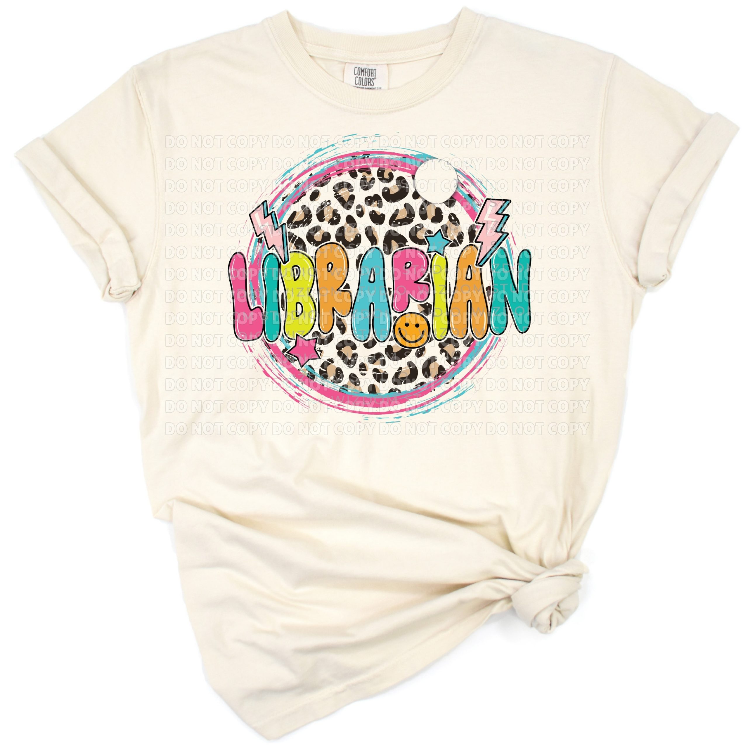 A retro-style leopard print lightning bolt combined with librarian and book elements in a grunge design.