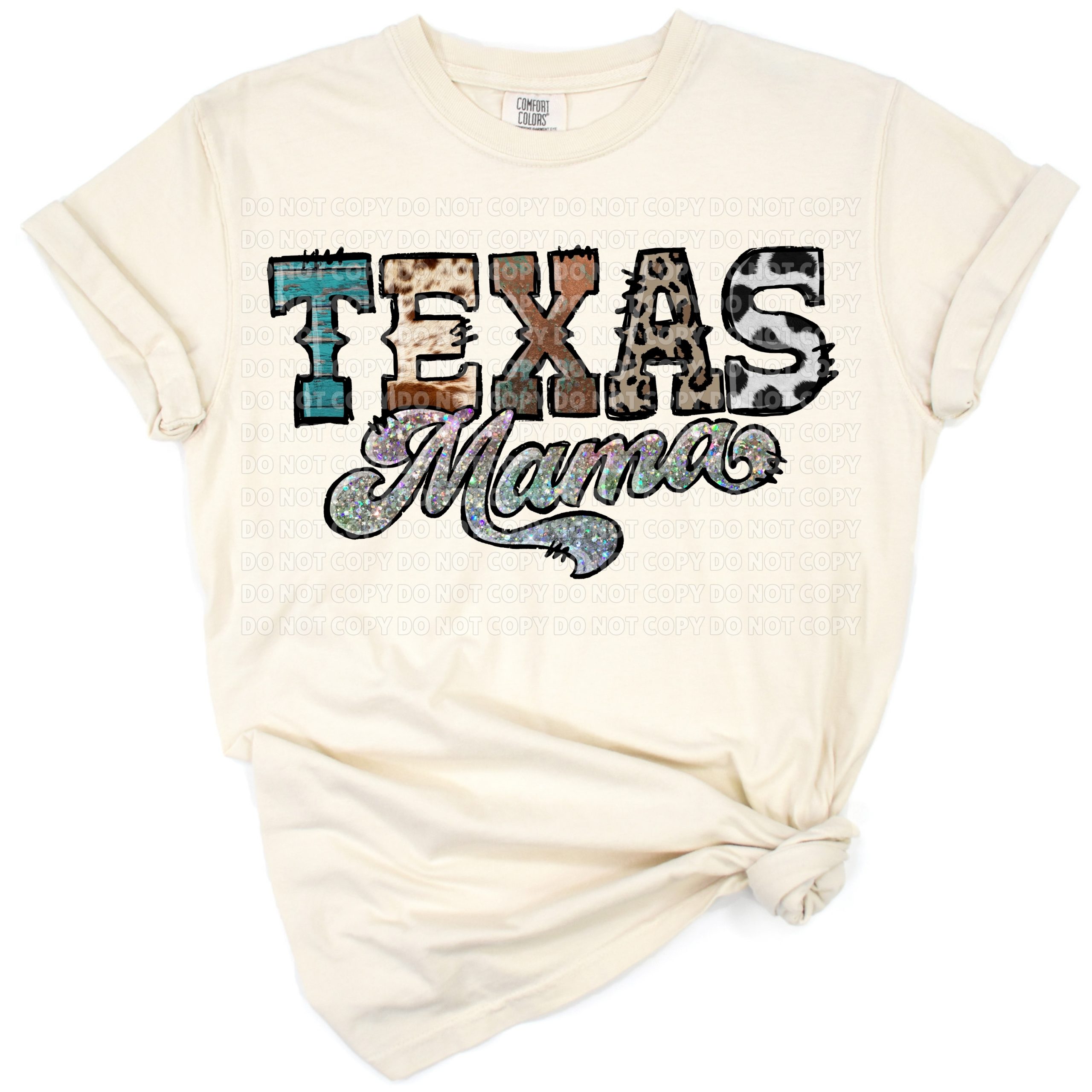 A hand drawn Texas mama wearing sunglasses with sunflowers and western accents.