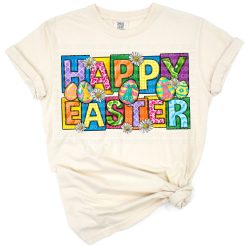 Pastel Easter eggs with western style elements arranged in a cheerful holiday design.