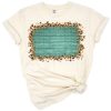 A distressed leopard print frame over a blue wood western background.