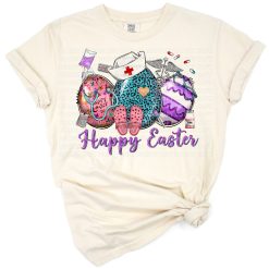 Colorful Easter eggs and nurse-themed illustrations with a cheerful spring vibe.