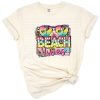 A retro tie dye leopard and beach themed graphic with colorful summer vibes.
