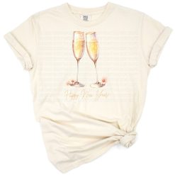 Illustration of two gold glitter champagne glasses cheering with festive New Year accents.