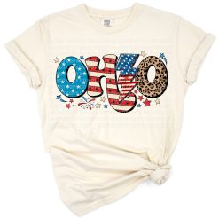 A festive Ohio-themed leopard print with patriotic colors and Independence Day icons.
