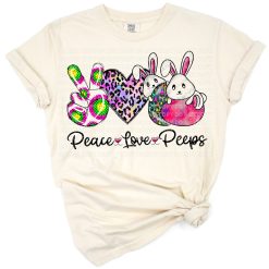 Watercolor illustration of a rabbit, Easter eggs, and western peace and love motifs.