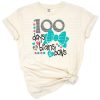 A retro style design featuring colorful brains and bows celebrating the 100th day of school.