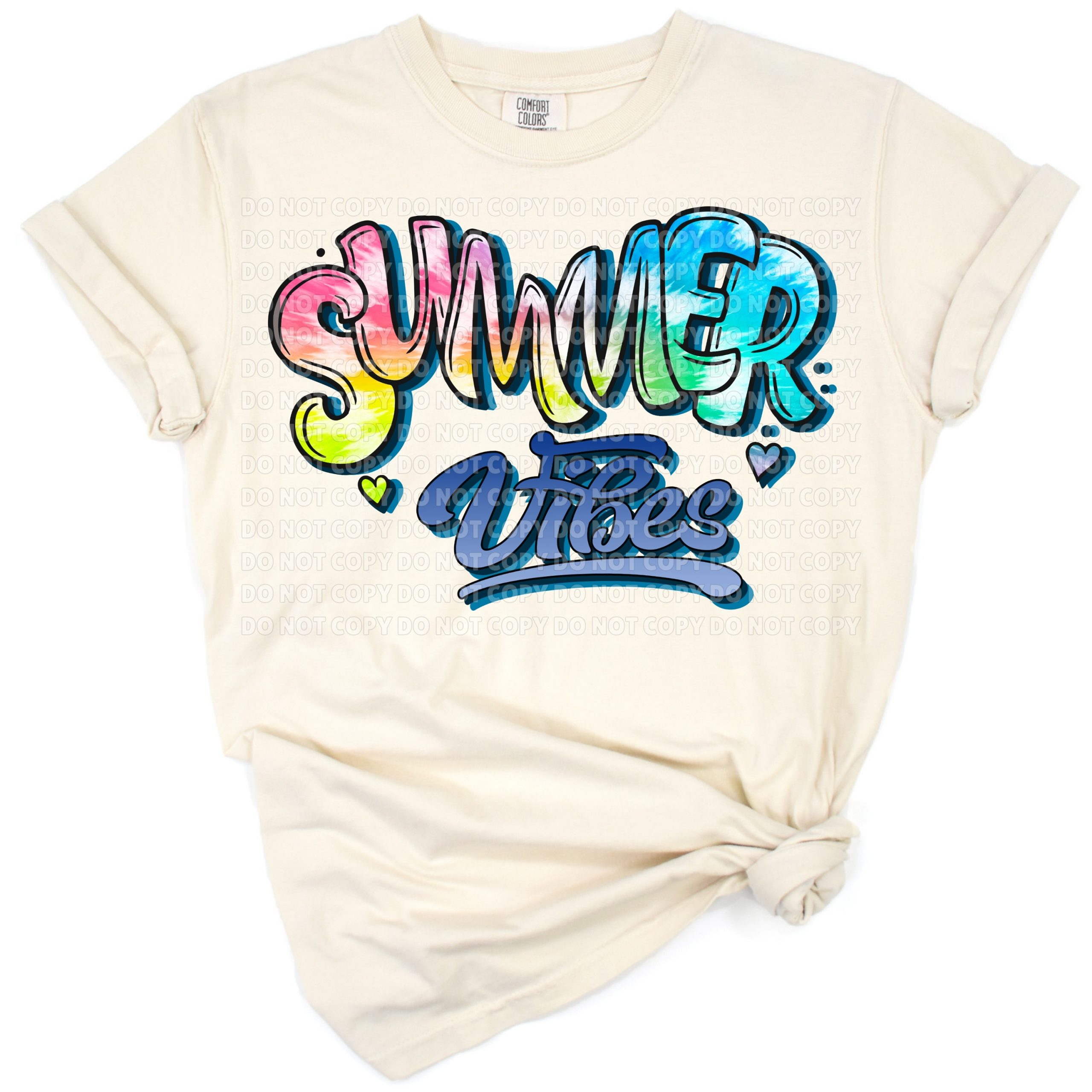 A colorful tie dye design with summer vibes text featuring watercolor waves and a sunny, beach-inspired background.