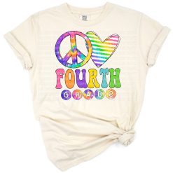 A tie dye design featuring peace sign, heart, and the words fourth grade in colorful style.