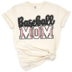Varsity letter style mom text with baseball laces and stitching details.