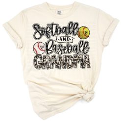 A fun leopard print design with softball and baseball themed grandma elements.