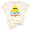 A playful cartoon baby chick with the words chick magnet in a cute style.