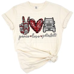 A peace love hand sign with an 18 wheeler truck and camera in a retro grunge art style.