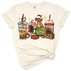 A festive design featuring a dachshund and coffee cups in a cheerful Christmas theme.