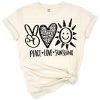 Hand-lettered peace, heart, and sun with playful summer and beach elements.