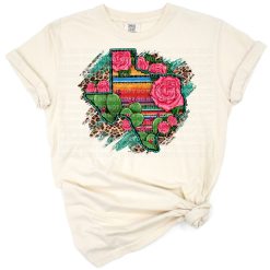 Texas map decorated with cactus, roses, serape stripes, and leopard print accents.