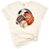 A colorful group of basketball, football, soccer ball, baseball, and softball in a sporty arrangement.