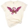 A pink cancer awareness ribbon with angel wings in a western-inspired style.