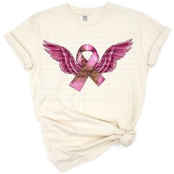 A pink cancer awareness ribbon with angel wings in a western-inspired style.