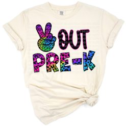 A cheerful cheetah print girl in tie dye colors holding a peace sign, celebrating the last day of school.