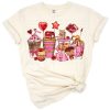 Retro coffee drinks with hearts in a Valentine's Day theme.