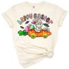 A cheerful bunny holding a carrot surrounded by Easter elements in a cute spring holiday style.