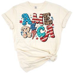 A retro style USA flag design with a leopard print pattern and patriotic accents.