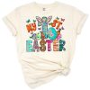 A cute boho-style bunny in a western hat with Easter eggs and spring flowers.