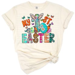 A cute boho-style bunny in a western hat with Easter eggs and spring flowers.