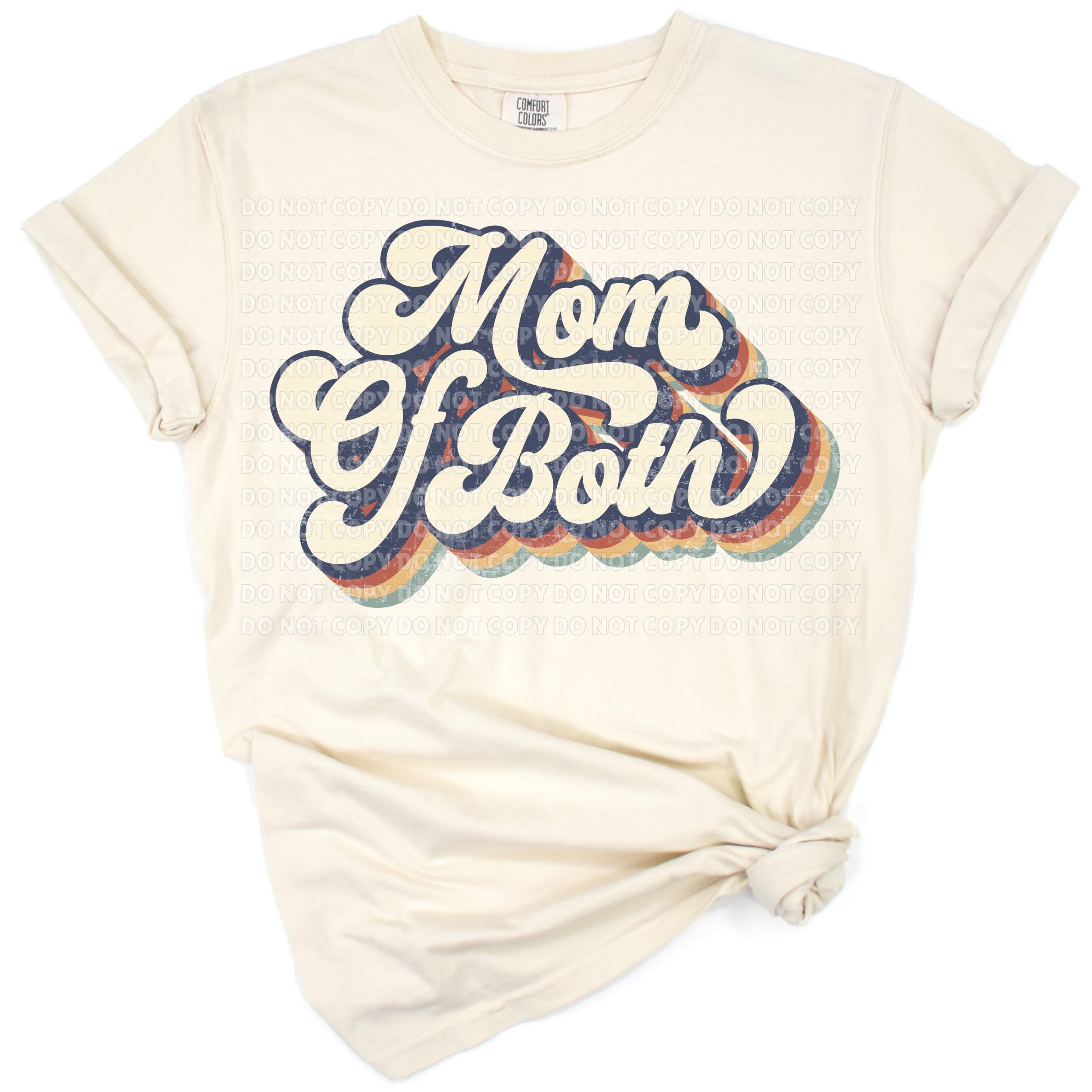 A playful design with pink and navy brushstrokes spelling out 'Mom Of Both' in a funky style.