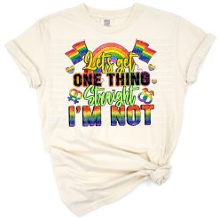 Retro rainbow color typography with a playful pride statement and heart accents.