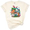 A vintage truck filled with Easter eggs and a cute bunny riding along.