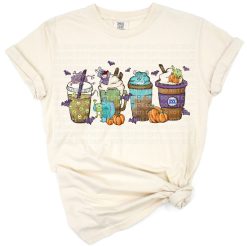 Whimsical cartoon monster enjoying a coffee in a cozy fall setting.