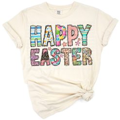 A cheerful Easter bunny with western accents surrounded by festive spring elements.