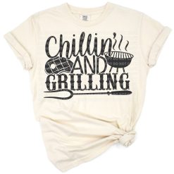 Funny barbecue dad standing at the grill with retro styled text and playful design elements.