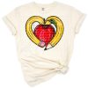 Heart-shaped pencil and red apple with retro teacher elements in a fun back to school style.