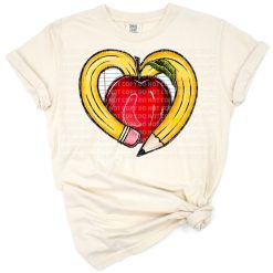 Heart-shaped pencil and red apple with retro teacher elements in a fun back to school style.