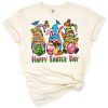 Three cheerful gnomes with Easter eggs and spring flowers in vibrant pastel colors.