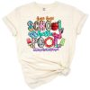 Retro cartoon teachers waving beside a pool with summer elements and colorful lettering.