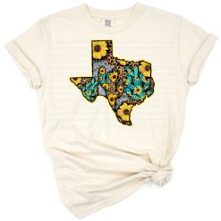 A Texas map filled with sunflowers and turquoise cacti in a western-inspired floral style.