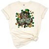Shamrock and clover artwork with leopard print details in festive green.