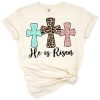 Three crosses in pale teal, leopard print, and rose glitter with a spring and faith-inspired style.