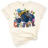 A colorful monster truck crushing decorated Easter eggs with playful bunnies and western accents.