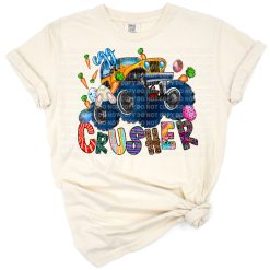 A colorful monster truck crushing decorated Easter eggs with playful bunnies and western accents.